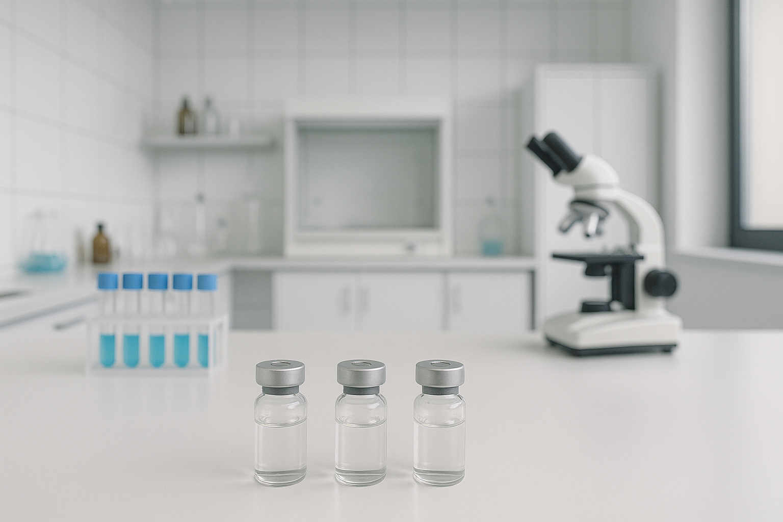 Research peptide vials beside a microscope in a laboratory